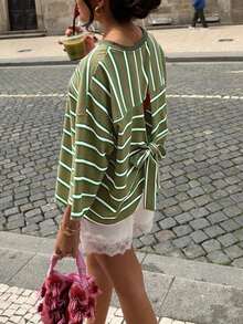 Women's Striped Round Neck Casual Loose Drop Shoulder Top With Back Tie, Regular Length, Comfortable For Daily Wear - Green - View 5