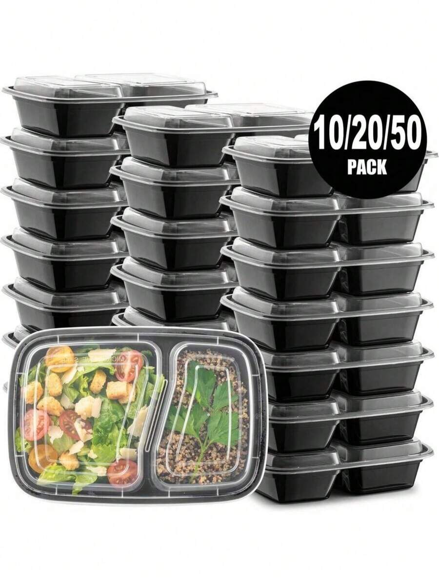 50/20/10/1 Pack Reusable 2-Compartment Meal Prep Containers With Lids, Durable Leak-Proof, Microwave, Freezer, Dishwasher , Portable For On-The-Go, Black - Black - View 1