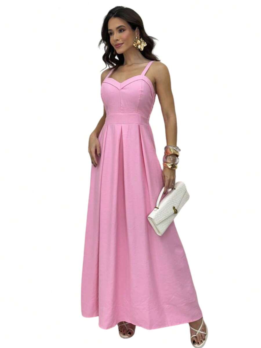 Long Dress With Adjustable Straps Lastex Waisted Fits 36 To 44 Women's Elastex Dress With Adjustable Back From 36 To 44 Comfortable Elastex Waisted Dress With Adjustable Straps - 泡泡糖粉 - 查看 1