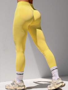 Leggings d'impact pour femme, pantalon de sport sans couture pour le yoga, contrôle du ventre, anti-squat, collants de fitness pour la salle de sport et l'entraînement, effet fesses galbées - Jaune citron - Voir 10