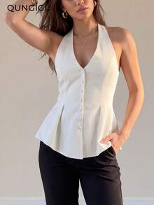 QUNGIGU Top de alças femininas casual com decote halter, roupa de verão elegante sem mangas com botões, adequada para saídas, encontros e uso diário - Branco - Ver 2