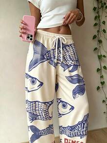 Women's Casual Comfortable Long Pants, Beach Style, Fish Theme Graffiti, Daily Wear - Multicolor - View 1