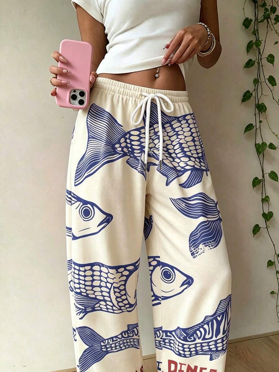 Women's Casual Comfortable Long Pants, Beach Style, Fish Theme Graffiti, Daily Wear - Multicolor - View 1