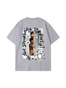 SHEIN X FRIENDS Summer Women Grey Double Sided Door Character Graffiti Letter Print Loose Casual Short Sleeve Tee - Light Grey - View 5