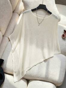 Jennie Growth Women's White Transparent Knit Cape Top, Off-Shoulder Asymmetrical Hem Lightweight Shawl Loose Cover-Up Casual Pullover, Suitable For Spring/Summer Streetwear, Brunch, Coffee Date, Beach Vacation, Swim Cover-Up, Weekend Getaway, Office Wear, Concert, Holiday Party, Shopping, Lounging At Home - Off White - View 7