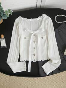 Autumn/Winter New Bow Ribbon Sexy Style Fitted Short Cardigan With Frill Trim, Single-Breasted Metal Buttons, Long Sleeves, Suitable For Outings, Dates, Vacations, Parties, Commuting - Milky White - View 5