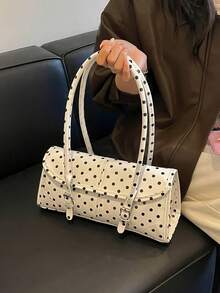 Bolso de mano con solapa y estampado de lunares en toda la superficie, bolso de hombro versátil y clásico con decoración de hebilla metálica para mujer, adecuado para compras, billetera, compras, mujeres jóvenes, estudiantes universitarias, principiantes, trabajadores de oficina. Son perfectos para oficina, universidad, trabajo, negocios, desplazamientos, actividades al aire libre, viajes y salidas - Beis - Ver 6