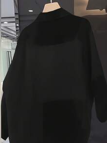女款黑色透視鈕扣襯衫，長袖翻領上衣，常規下擺，適合秋季穿著，無彈力聚酯纖維面料夏季 - 黑色 - 查看 3