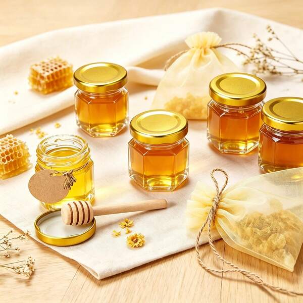 1 Set Of 20 Pcs Mini Hexagonal Glass Storage Jar Set With Wooden Honey Dippers, Gift Bags & Tags Small Sealed Container For Honey Jam Condiment Portion Packing