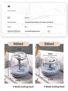 Pengolah Makanan Manual Tarik Tali 500/900ML, Pengolah Sayuran Multifungsi 5 Pisau. Aksesori Dapur Portabel Tahan Lama, Cocok untuk Mengiris Bawang Bombay, Bawang Putih, Cabai, Kacang-kacangan, dan Daging. Alat Pemotong Dadu dan Iris Cepat, Cocok untuk Salad, Bumbu, Isian, dan Makanan Halus. Mudah Dibersihkan. - MultiWarna - View 3