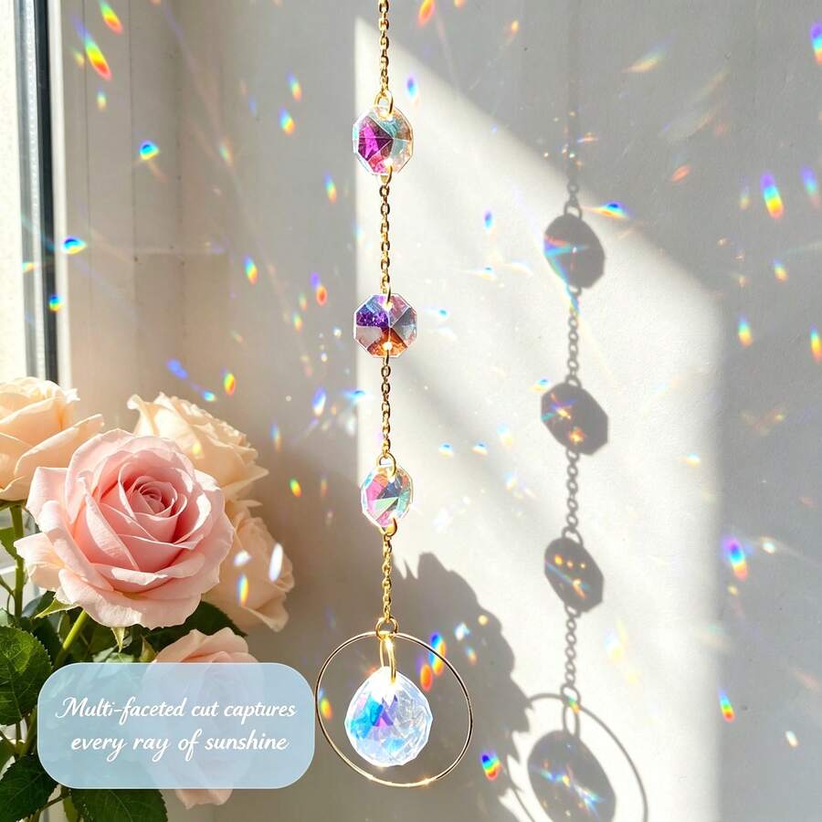 Crystal Prism Sun Catcher, AB Shimmer Refracting Crystal Light Chaser, Bohemian Wall Window Hanging Pendant, Vintage Spiritual Home Indoor Ornament Gift - C - View 1