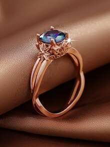 1PC Classic Sparkling Round Cubic Zirconia Ring, Perfect Gift For Proposal And Confession, Daily Gift, Women's Gift, Anniversary Gift, Jewelry Gift - Rose Gold - View 2