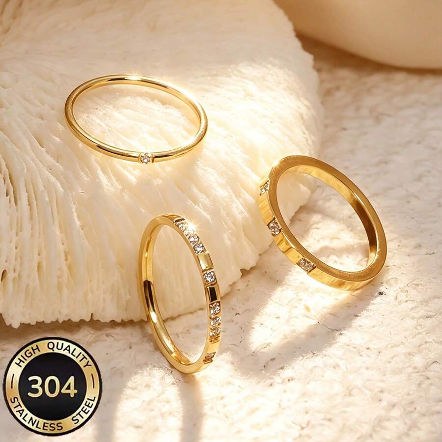 3pcs 304 Stainless Steel 18K Gold Plated Delicate Inlaid Stackable Thin Rings, Minimalist Matte Rings, Suitable For Women Daily Wear Jewelry Gift Mother's Day Valentine's Day Gift - Gold - View 1