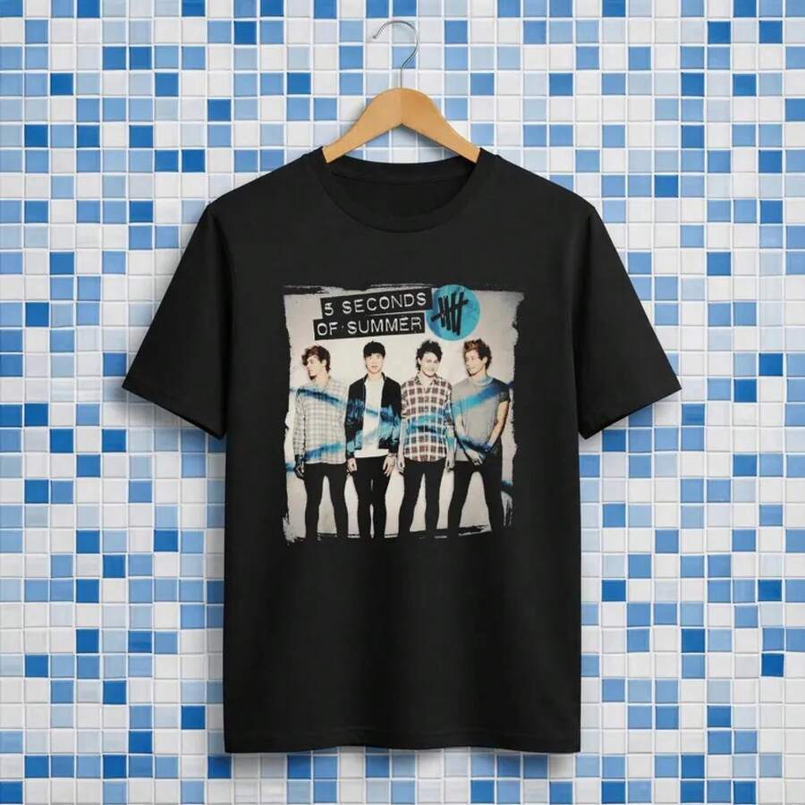 Schwarzes 5 Seconds Of Summer T-Shirt mit ausgefranstem Saum, kurzen Ärmeln, Rundhalsausschnitt, Unisex Pop Punk Vintage - Schwarz - Übersicht 1