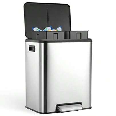 8 Gallons/30 L Dual Trash Can With Lid, Stainless Steel Waste Bin With 2 Removable Inner Bucket And Soft Close Lid For Office, Bedroom, Kitchen