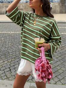 Women's Striped Round Neck Casual Loose Drop Shoulder Top With Back Tie, Regular Length, Comfortable For Daily Wear - Green - View 3