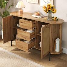 Oval Sideboard With Rattan, Sliding Doors, Doors And Drawers, Adjustable Compartments, Wood Look, Metal Legs, Multifunctional Storage Cabinet - 自然色 - 查看 8