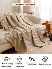 1pc Soft & Comfortable New Waffle Knit Pure Cotton Blanket - Ultra-Thin Breathable Grid Design | All-Season Bedding | Machine Washable | Ideal For Summer And Night Sweating | Modern Soft Texture Blanket | Minimalist Design Easy-Care Fabric | Suitable For Bed, Sofa - Perfect For Relaxing And Snuggling - Yungkachi - View 5