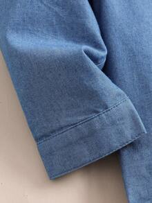 Boys' Collared Car Embroidered Denim Shirt, Autumn - Medium Wash - View 6