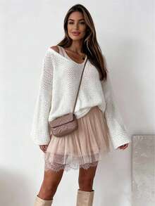 Women's White Deep V Neck Chunky Knit Sweater, French Romantic Loose Drop Shoulder Pullover, Casual Oversized Long Sleeve Fall Winter Knit Top - White - View 7