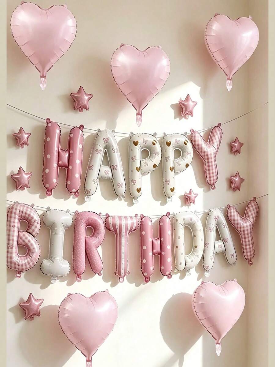 1/5/6pcs Pink Happy Birthday Letter Balloon Set, Birthday Party Decoration Set, Suitable For Baby Shower, Birthday Party Background Decoration - Pink - View 1
