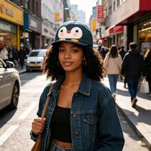 Teen Boys Girls Denim Baseball Caps Cute Penguin Patches Trucker Hats - 藍色 - 查看 6