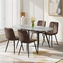Extendable Dining Table And Chairs Set Of 4, Oval Mable Effect Table With Upholstered Chairs For Dining Room - Gray Table + 4 Brown PU Chairs - View 13