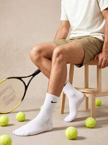Courvante 6 Pairs Men's White Solid Color Mid-Calf Socks, Versatile And Breathable, With Ribbed, For Golf Tennis Sport & Boyfriend - White - View 3