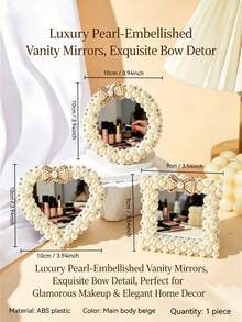 1pc Vintage Pearl Crystal Bow Desktop Makeup Mirror, Cute Heart/Round/Square Desktop Makeup Mirror, Suitable For Bedroom Vanity And Dorm Decor, Ideal Gift For Women - Beige - View 2