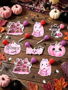 48pcs Pink Halloween Lollipop Decoration Cards, Cute Spooky Candy Toppers With Ghost, Cat And Pumpkin Patterns, Halloween Party Candy Packaging Labels, 2026 Halloween Decor, Holiday Crafts, Halloween Decoration, Halloween Party, Trick Or Treat Decoration - Multicolor - View 7