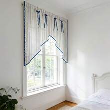 1PC New Japanese Style Linen Blue Striped S-Curved Edge Designer Window Curtain, Small Kitchen Curtain, Multi-Purpose Translucent Decorative Curtain With Rod Pocket Design, Fresh Style Finished Short Curtain - Beige - View 7