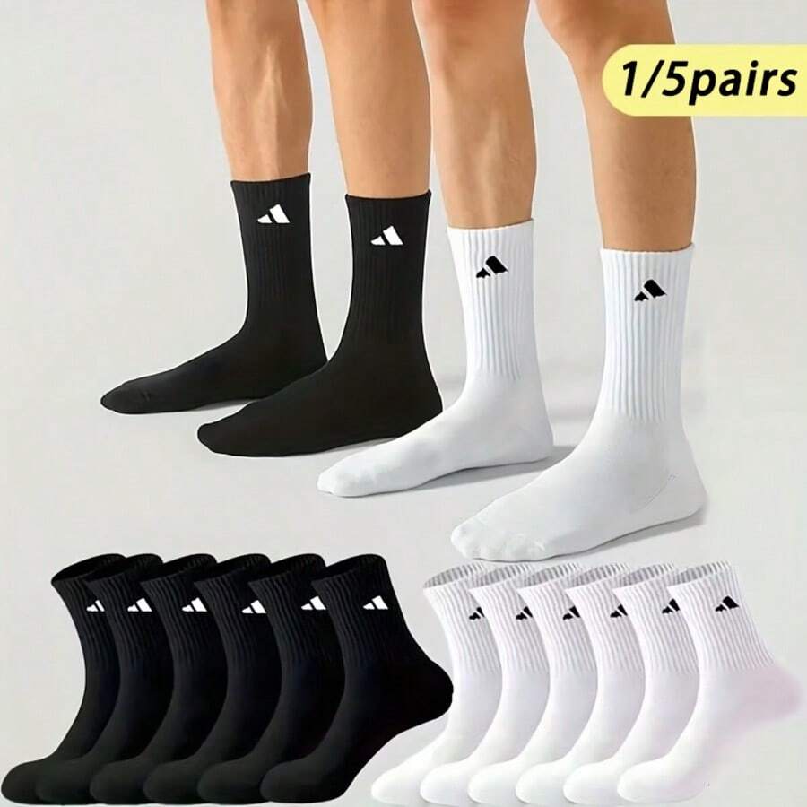 1/5 pares de calcetines deportivos unisex, transpirables y que absorben la humedad, diseñados para la comodidad y la transpirabilidad, colores negro y blanco, calcetines de alta calidad para otoño/invierno, ajuste ceñido, adecuados para entusiastas del fitness - Multicolor - Ver 1