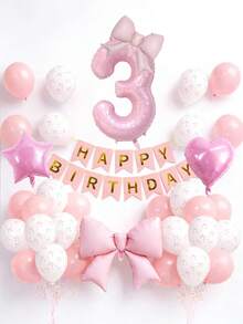 34 Stücke Rosa Geburtstags Party Dekorationen, einschließlich 40 Zoll 0-9 Zahlen Folienballons, große Schleifenballons, 18 Zoll Herz & Stern Ballons, Happy Birthday Banner, Schleifendruck Latexballons, geeignet für Geburtstagsfeier, Babyparty, Themenparty Dekoration - Pink - Übersicht 2