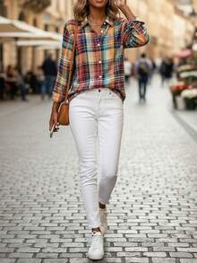 [Shipping Included]Plus Size - Plus Size - Fashion Plus Size Long Sleeve Collared Casual Plaid Print Shirt - Mixed Colors - View 2