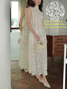 Dirp Noir Women's Summer Elegant Vintage Tea Party Palace Style White Lace Sleeveless High Neck Waist-Cinching Elegant Dress, Suitable For Elegant Party Dress, Graduation Ceremony Dress, Birthday Dress, Luxury Party Dress, Holiday Outfit, Independence Day Outfit, Wedding Guest Dress - White - View 6