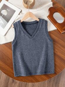 Unisex Kids & Teens Dark Grey V-Neck Sleeveless Tank Top, Premium Preppy Style Layering Top For Autumn/Winter, Suitable For Back To School, School Uniform, Daily Wear - Dark Grey - View 3