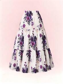 Spring/Summer Bohemian Vacation Style Ditsy Floral Elastic Waist A-Line Maxi Skirt, Country Style Ditsy Floral Elastic Waist A-Line Maxi Skirt - Purple - View 3