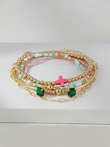 5pcs Exquisite Cross Decor Bracelet & Multi-Layer Bracelet Set, CCB, Colorful Bead Bracelet, Suitable For Women's Daily, Vacation, Party Wear, Friendship Gift - Multicolor - View 4