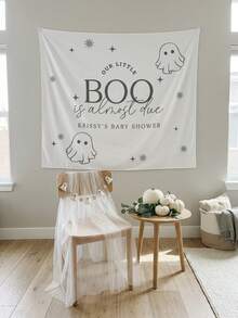 Customized Halloween Baby Shower Backdrop - Personalized "Our Little Ghost Is Coming Soon" Ghost Banner, Cute Autumn Gender Reveal Party Photo Background - Multicolor - View 4
