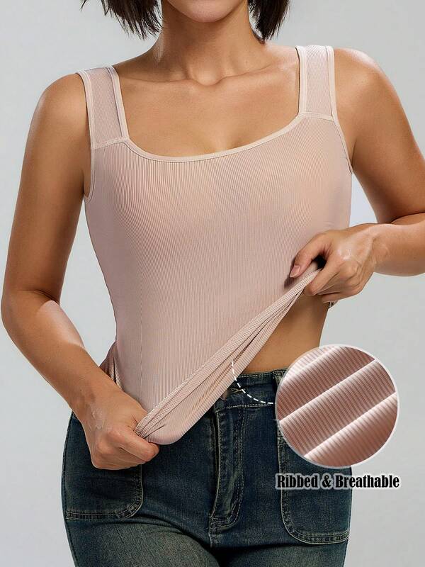 Women's Square Neck Backless Ribbed Tank Top, Elastic Slim Fit Sleeveless Camisole, Casual Basic Layering Tank Top For Daily Wear