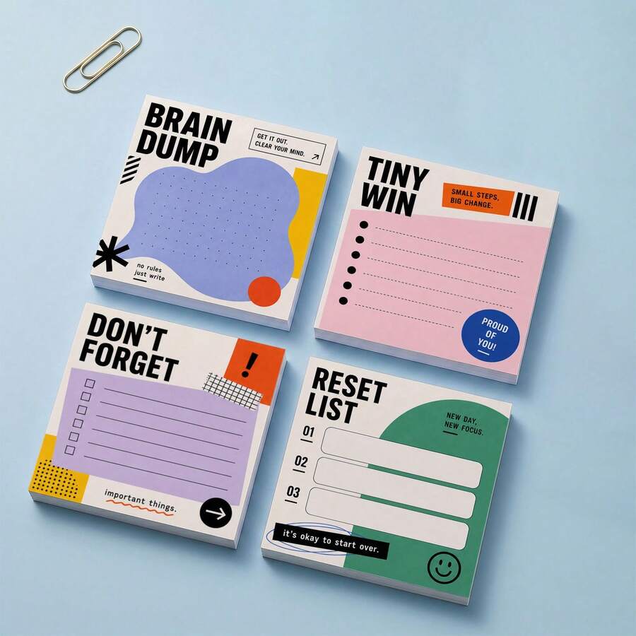1pc Random/4pcs "Brain Dump, Don't Forget,Tiny Win,Reset" List"Minimalist Daily Planning Sticky Note,Suitable For Planner Journal Office School, Motivational Stationery Gift For Students Self-Adhesive Reminder Notes For Office, School, Work, Desk - one-size - View 1