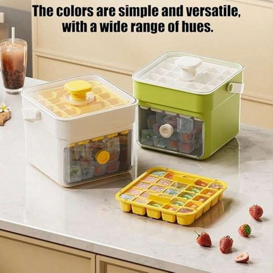 1pc 68-Slot Double-Layer Tray, One-Touch Pressing Type Ice Tray With Built-In Spoon For Quick Ice Making, Easy Release, Suitable For Home Use, Portable Freezing Container, Household Storage Box, Fun DIY Set With Storage Box And Spoon, 68-Slot Double-