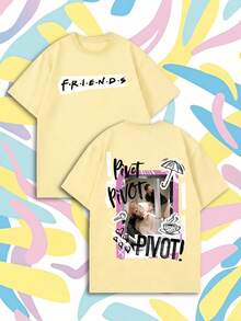 Light Yellow Oversized T-Shirt, Red Logo On Front, Loose Casual Short Sleeve Summer - Yellow - View 8