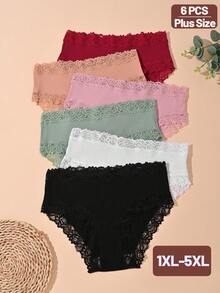 Teowryxou 6pcs Plus Size Solid Color Cotton Lace Patchwork Ribbed Sexy Romantic Comfortable Low Waist Women's Panties, Suitable For Valentine's Day, Holidays - Multicolor - View 3