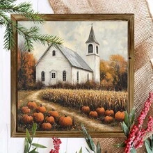 Rustic Farmhouse Wooden Frame Wall Art Sign - 8x8inch White Church With Cornfields And Golden Border, Autumn Harvest Tabletop Or Hanging Decoration, Suitable For Country Home Decor, Thanksgiving And Christmas Decoration, England Countryside Scene - 8*8 Inches (20*20cm) - View 1