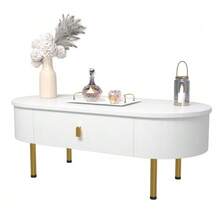 طاولة قهوة مع درجين، مقابض وأرجل ذهبية، زوايا منحنية. [SKU القديم: WF325996000WAA] - أبيض - مشاهدة 1