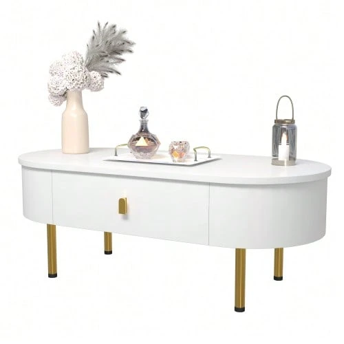 طاولة قهوة مع درجين، مقابض وأرجل ذهبية، زوايا منحنية. [SKU القديم: WF325996000WAA] - أبيض - مشاهدة 1