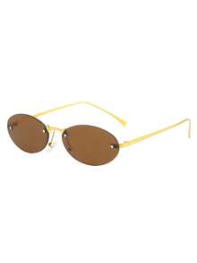 1 Pair Women's Deep Tea Color Oval Rimless Metal Temple Personalized Cut Edge Small Frame Fashion Glasses Suitable For Daily Wear - Dark Tea - View 3