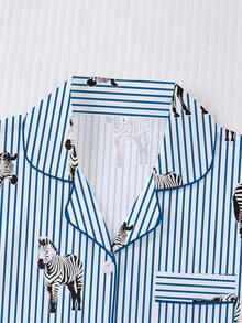 2pcs/Set Women's Pajama Set, Striped Zebra Print, Women's Loungewear, Spring/Summer Holiday Outfit, Short Sleeve Lapel Top And Shorts, Wearable As Outerwear - Multicolor - View 3