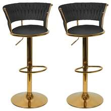 Set Of 2 Kitchen Stools With Velvet Upholstery And Woven Backrest And Adjustable Height, Bar Chairs, Restaurant, Swivel Frame - Black - View 7